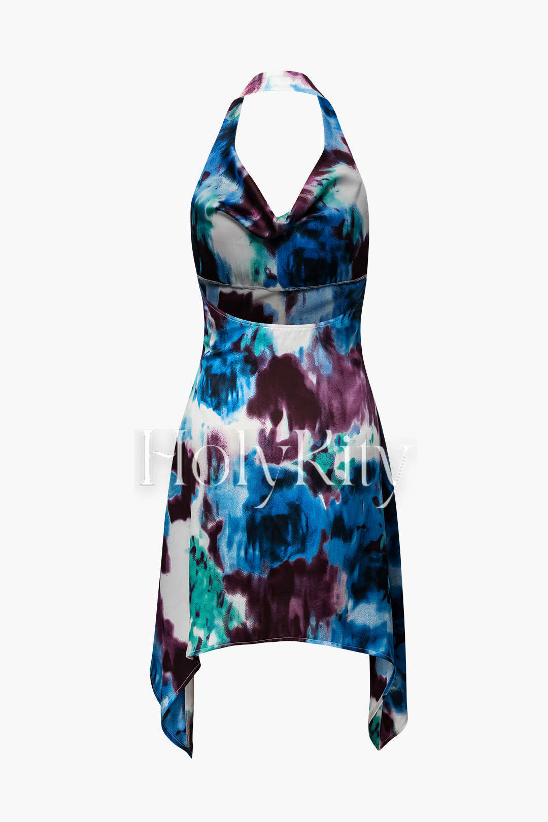 Neckholder-Minikleid aus Satin mit Batikmuster und Wasserfallausschnitt