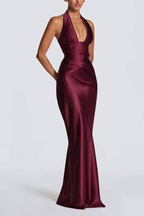 Deep V Halter Satin Waisted Mermaid Evening Gown