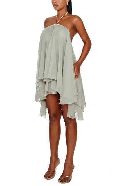 Oastal Escape Fluid Chiffon Halter High Low Layered Hem A-line Mini Dress