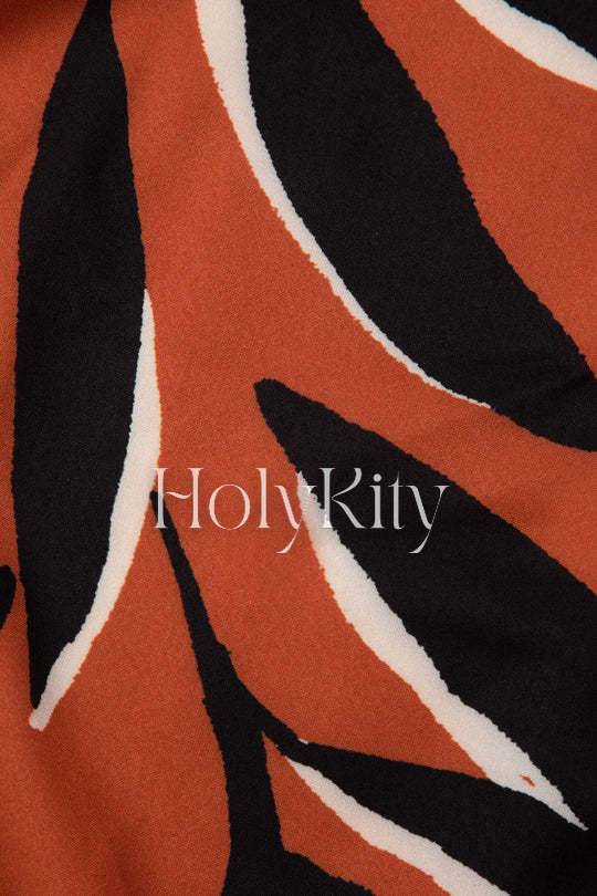 Leaves Print Knot Front Slit Midi Skirt