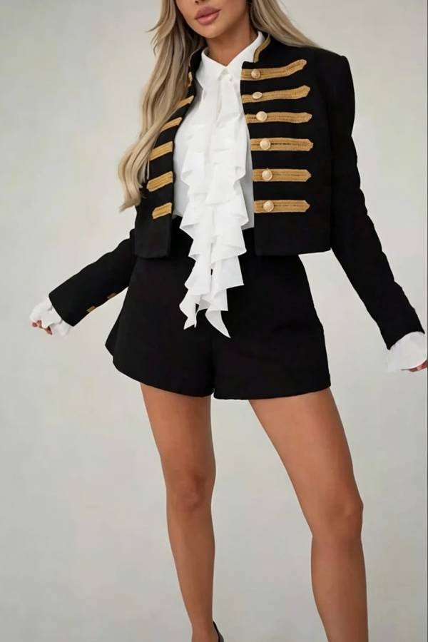 Theatrical Gold-woven Trim Metal Buttons Long Sleeve Crop Jacket