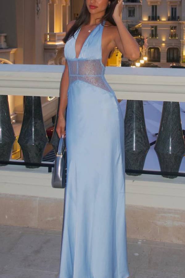 Halter Deep V Lace-Trim Satin Evening Gown