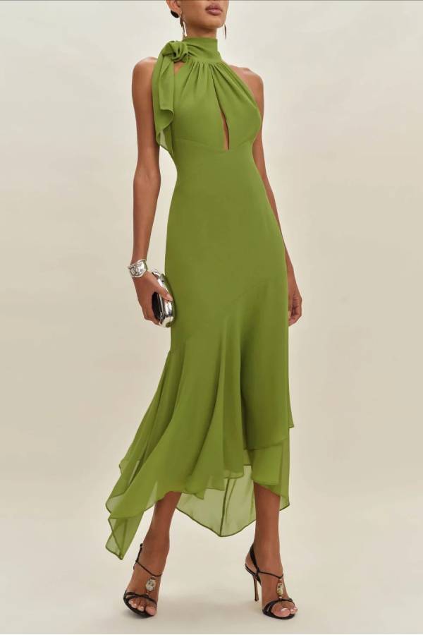 Halter Neck Cut-Out Backless Asymmetric Midi Dress