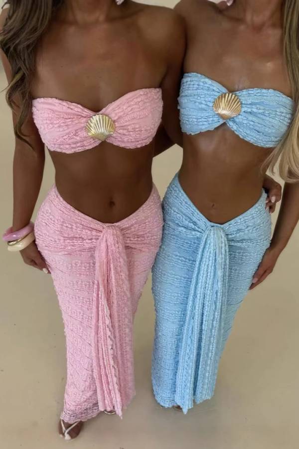 Multi-Color Shell Decor Bandeau Tie Maxi Dress Set