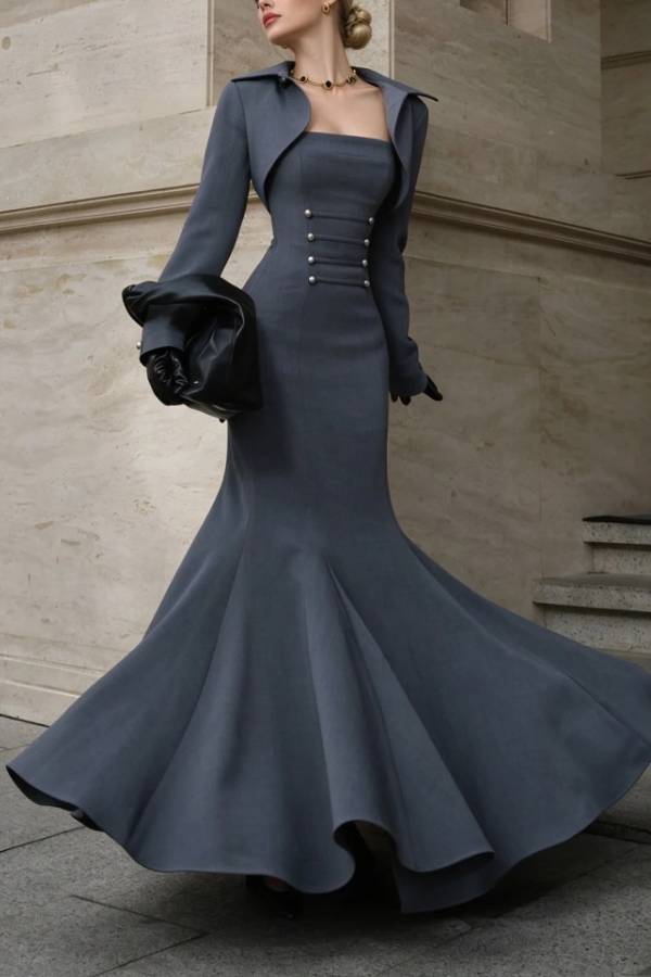 Charcoal Grey Cropped Bolero Jacket and Mermaid Maxi Dress Two Piece Set