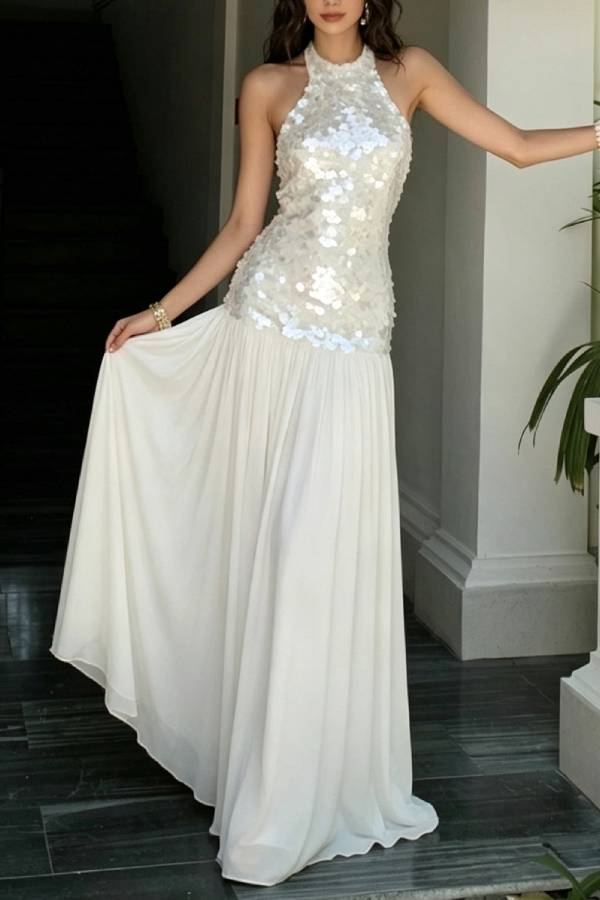 Halter Sequin Chiffon Spliced Long Evening Gown