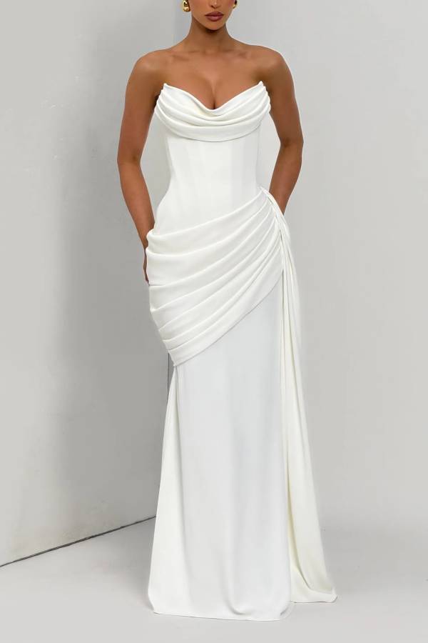 Matisse Strapless Pleated Cowl Overlay Back Lace-up Drape Panel Maxi Dress