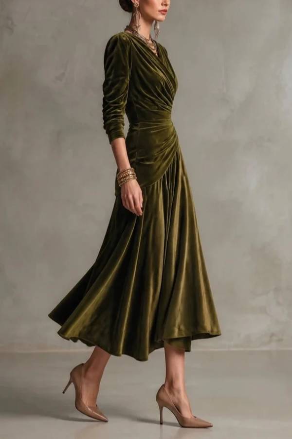 Olive Green Velvet Wrap Top& Satin Pleated Midi Skirt Two-Piece Set