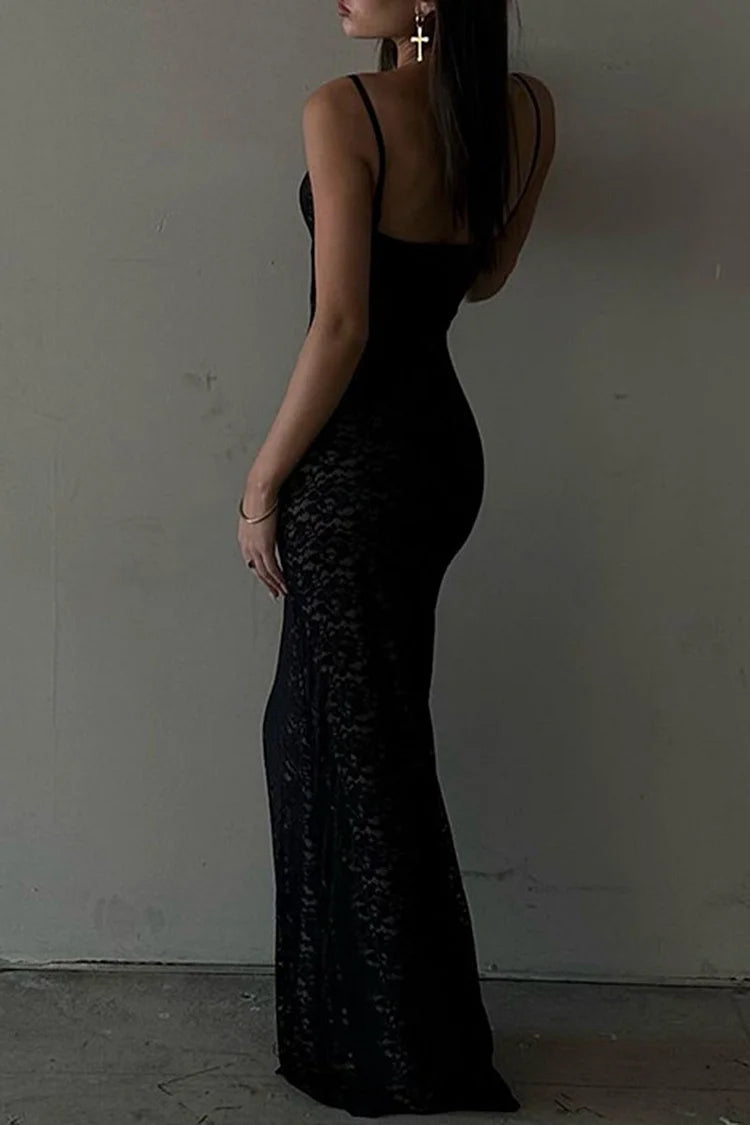 Robe longue moulante en dentelle guipure à col en V pour fête d'anniversaire - Noir