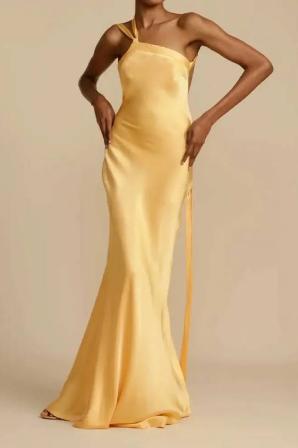 Yellow One‑Shoulder Open‑Back Satin Maxi Evening Dress