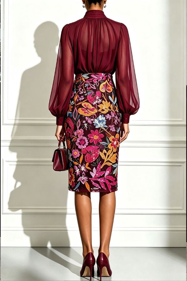 Analie Chiffon High Neck Lantern Sleeve Floral Sequined Hem Sheath Midi Dress