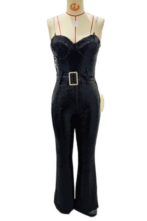 Sequined halter-neck flared jumpsuit