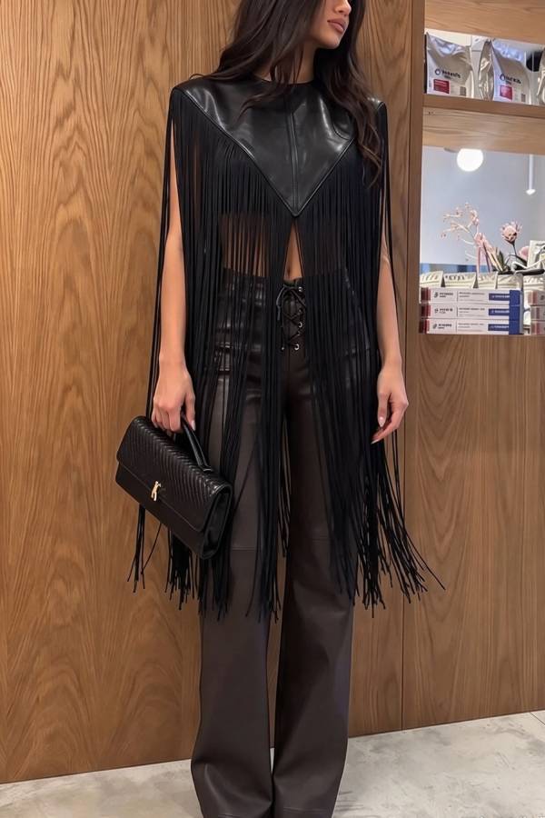 Cool and Stylish Faux-Leather Tassel Trim Cape Midi Top