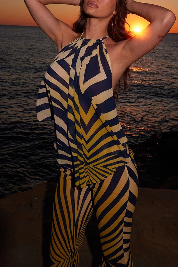 Yara Chiffon Contrast Color Zebra Print Halter A-line Top and High Rise Elastic Waist Flare Pants Set
