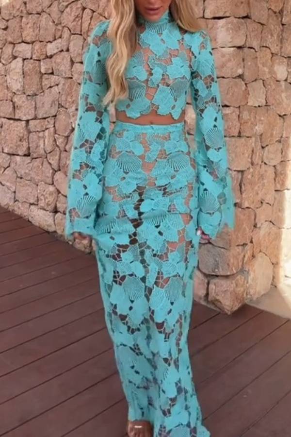 Turquoise Shell Lace Two Piece Beach Set
