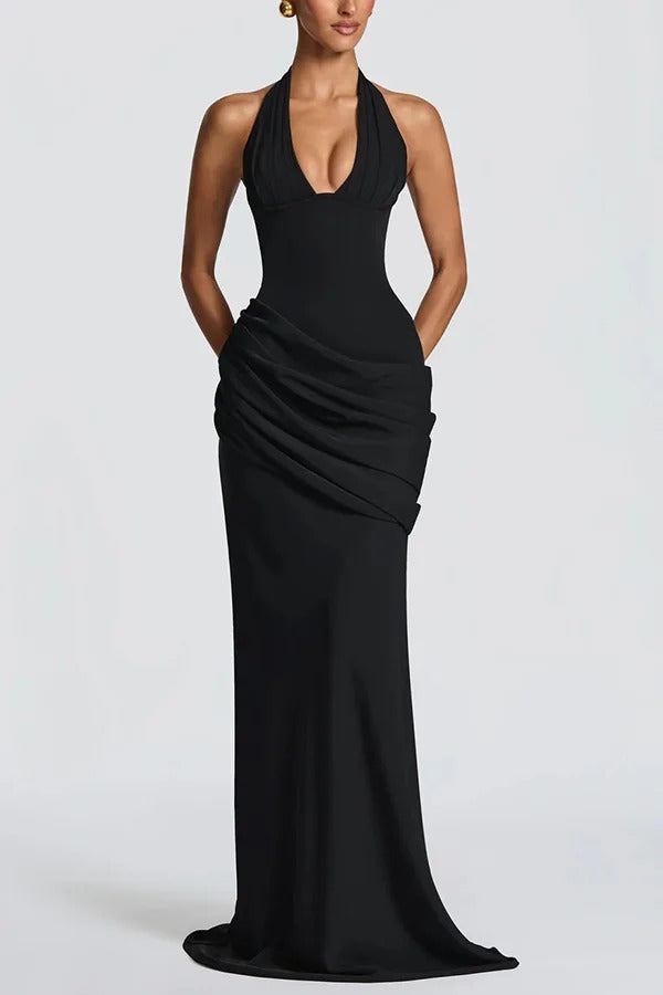 Nehemia Halter V-neck Back Lace-up Asymmetric Pleated Panel Drapes Maxi Dress