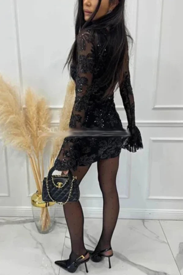 Deep and Dazzling Floral Texture Sequin Long Bell Sleeve Open Back Mini Dress