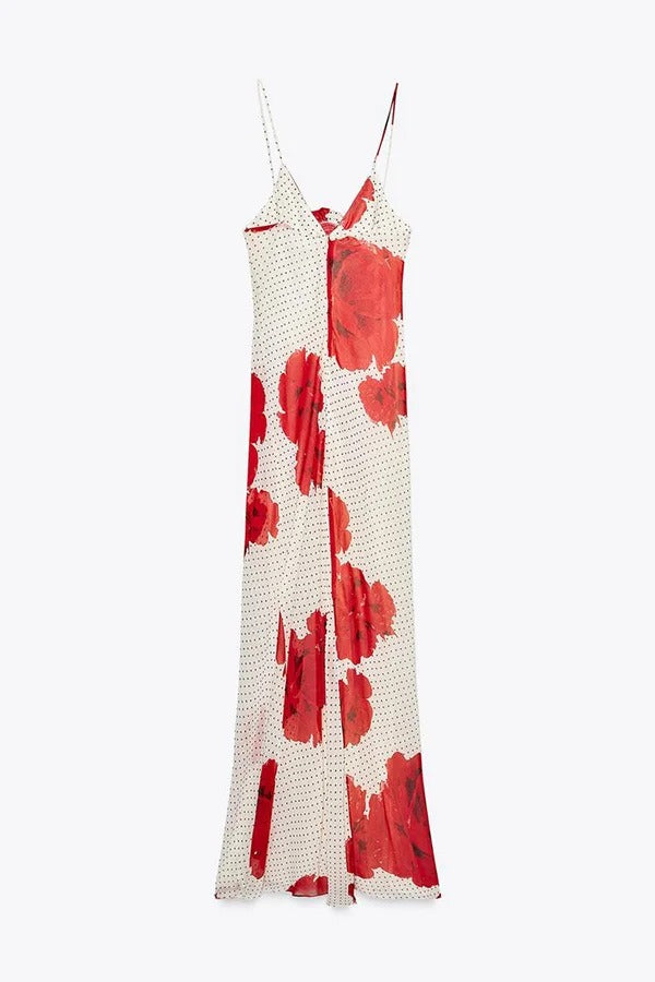 Vanna Poka Dot Floral Print 3D Flower Detail Slip Maxi Dress