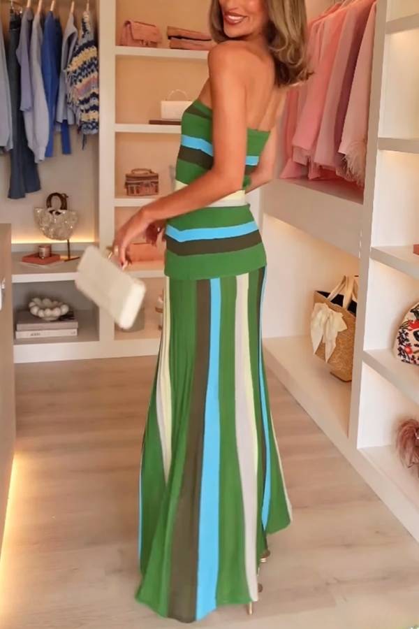A Splash of Color Knit Color-Block Striped Off Shoulder Stretch Maxi Dress