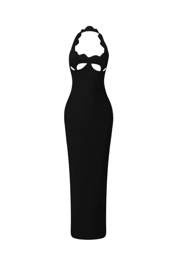 Hollow-out halter neck fitted long dress