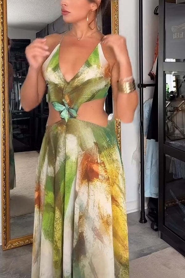 Sexy Butterfly Embellished Back Lace-up Slit Vacation Maxi Dress