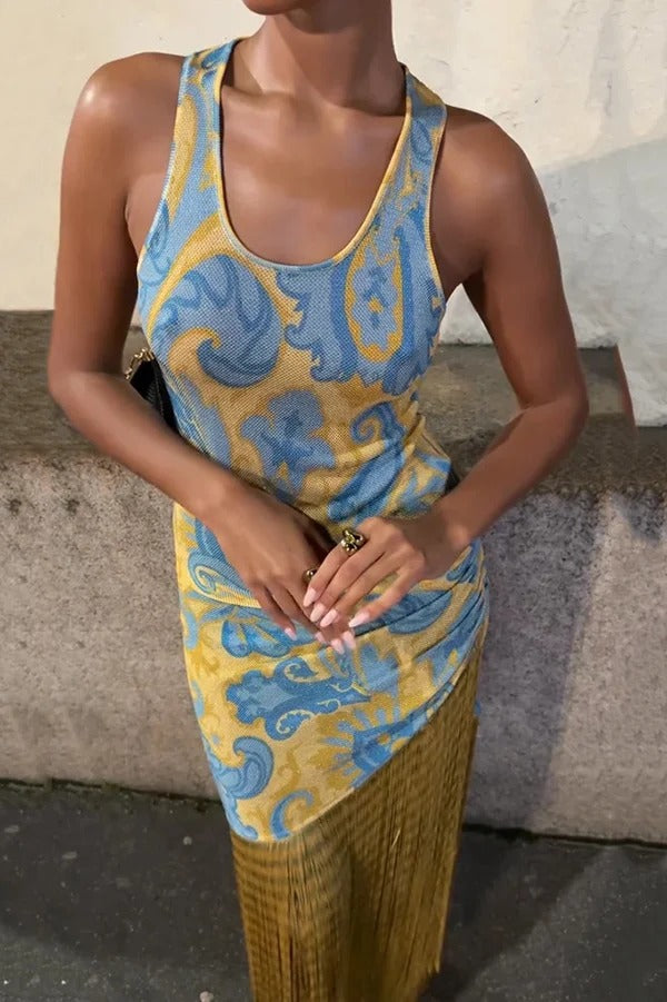 Unique Print Sleeveless Fitted Fringed Hem Maxi Dress