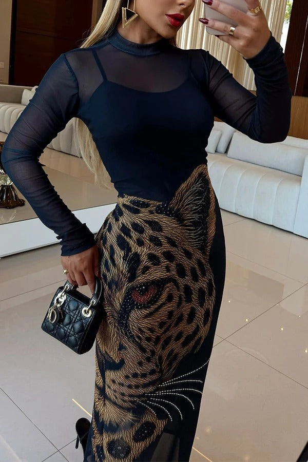 Sexy Mesh Rhinestone-Embellished Sheer Leopard Print Long Sleeve Stretch Midi Dress