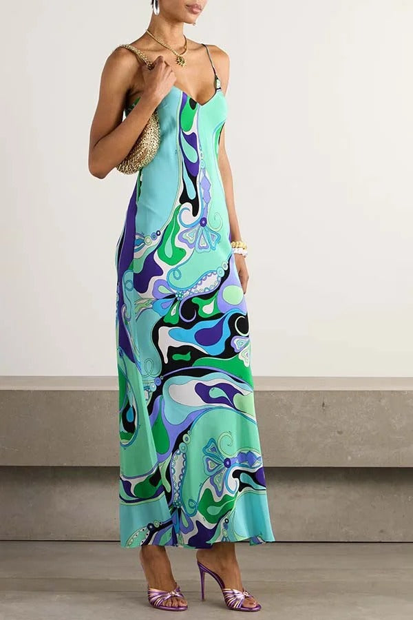 Sunny Horizon Unique Print V-neck Slit Slip Maxi Dress