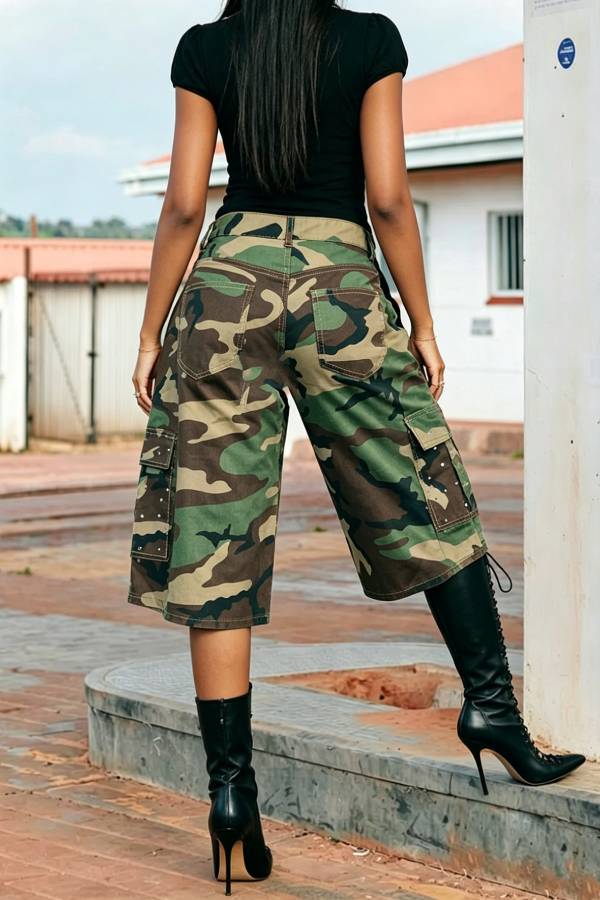 Pearl Embellished Camo Cargo Capri Wide Leg Shorts