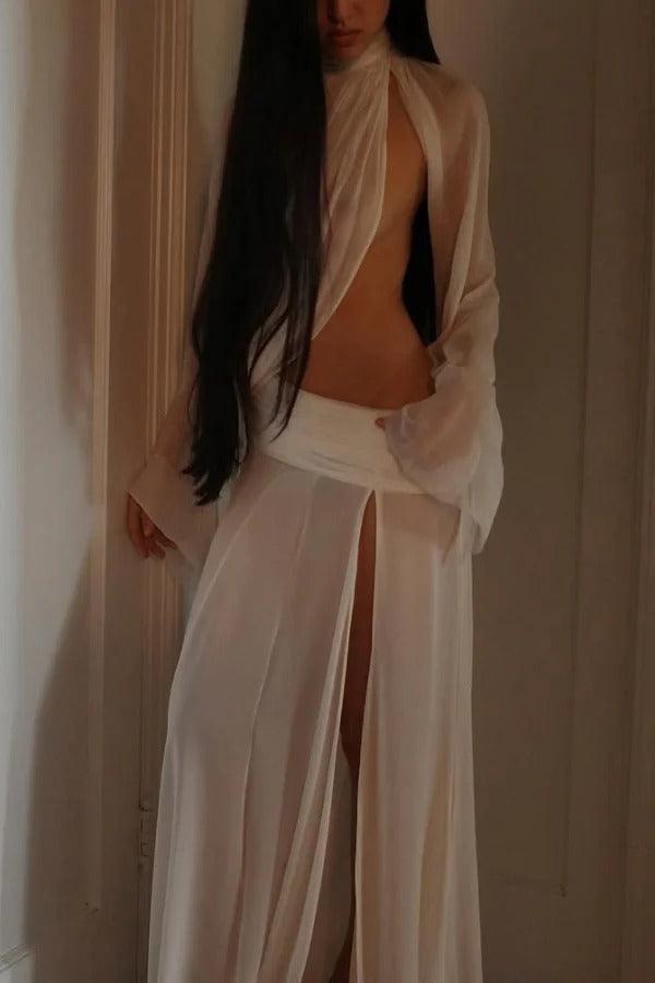 Sexy See-through High-neck Long-sleeved Draped Top and High-waisted Slit Maxi Skirt Vacation Set