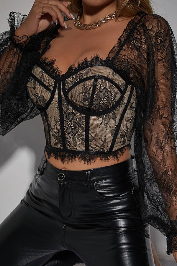 Lace Lantern Sleeve Cropped Top