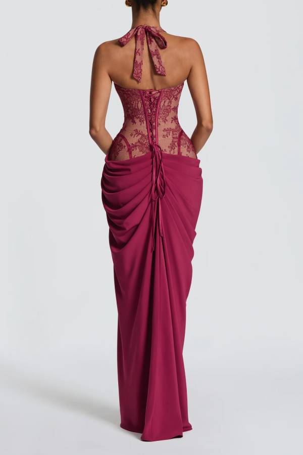 Bonita Floral Lace Contrast Structural Detail Asymmetrical Pleats Halter Slit Maxi Dress
