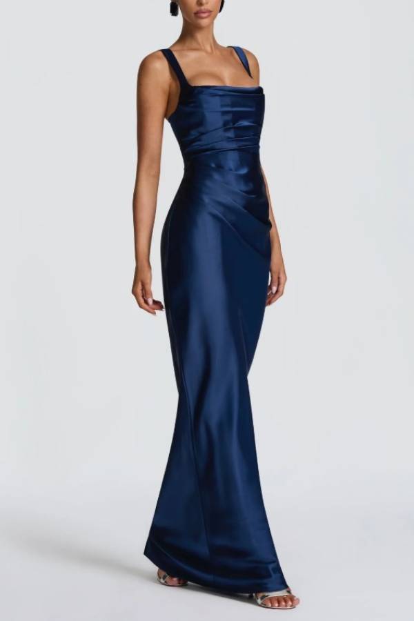 Satin Strap Mermaid Evening Gown with Lace‑Up Back