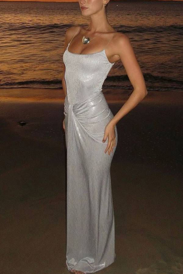 Thin‑Strap Silver Foil Twist Ruched Bodycon Maxi Dress