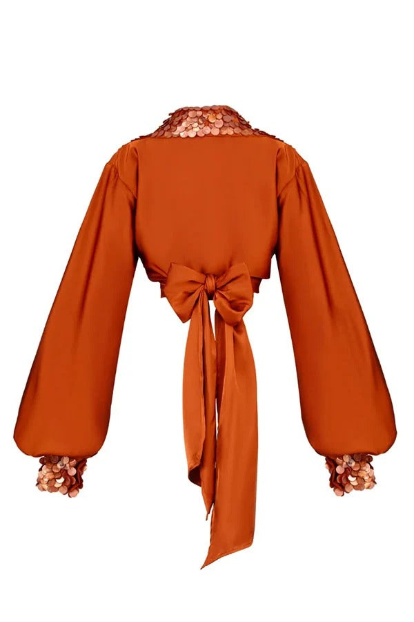 Velora Sequin Trim Wrap & Tie Satin Blouse