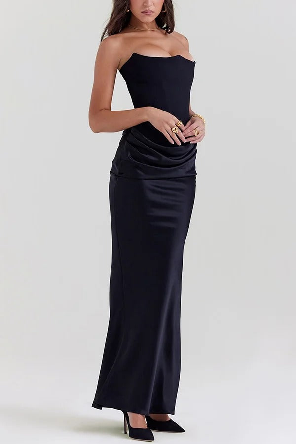 Attend The Gala Strapless Corset Satin Ruched Hip Drape Maxi Dress