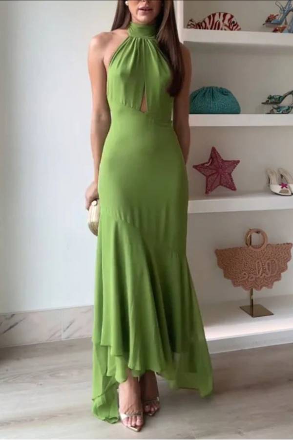 Halter Neck Cut-Out Backless Asymmetric Midi Dress