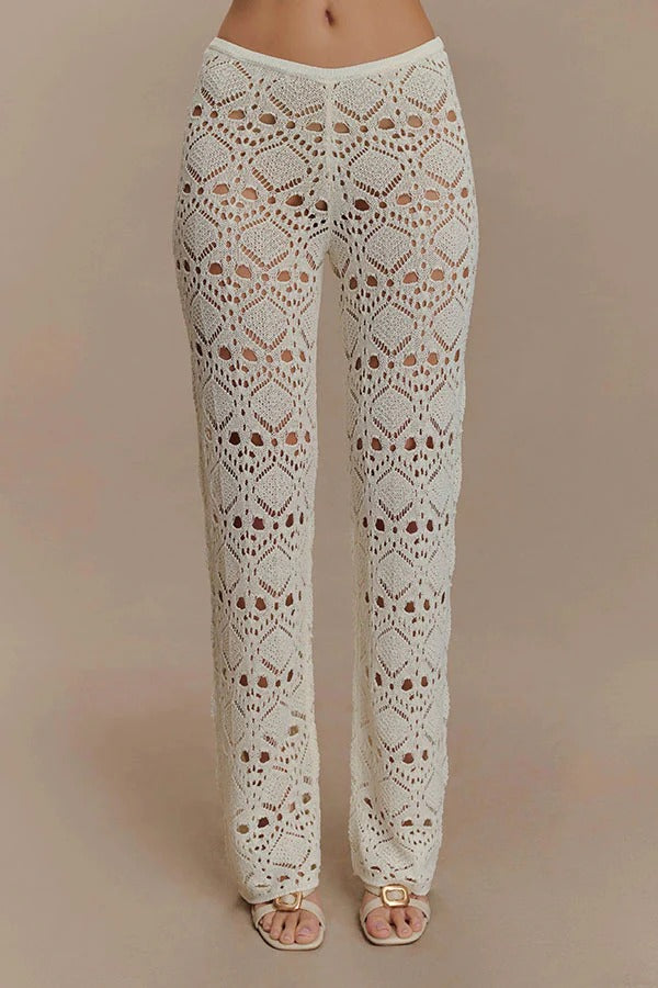 Trena Crochet Knit Hollow Mid Rise Stretch Wide Leg Pants