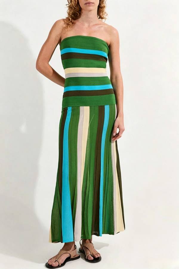 A Splash of Color Knit Color-Block Striped Off Shoulder Stretch Maxi Dress