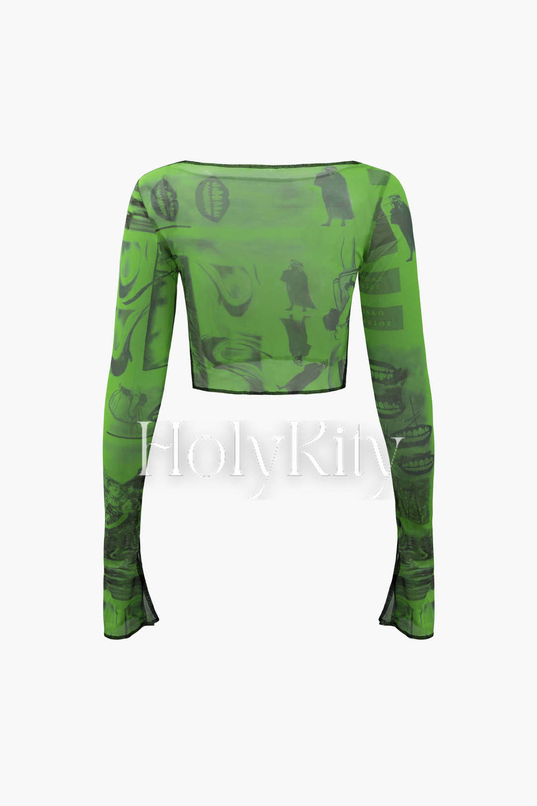 Crop-Top aus Netzstoff mit abstraktem Print und langen Ärmeln