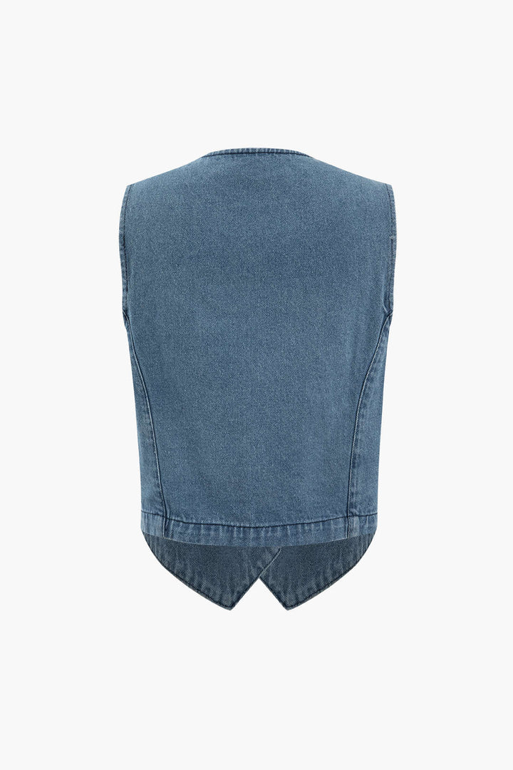 Denim-Damenmantel mit V-Ausschnitt und Knopfleiste