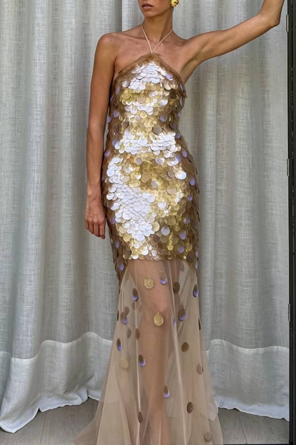 Jenny Hand Sequin Embellished Halter Tulle Hem Maxi Dress