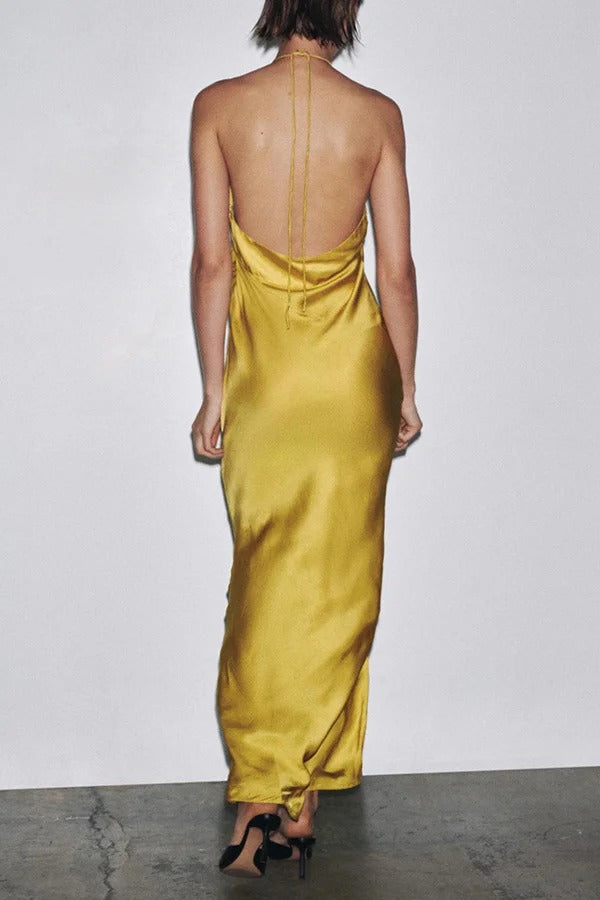Fashionable Beaded Large Flower Decoration Halter Neck Backless Maxi Dress
