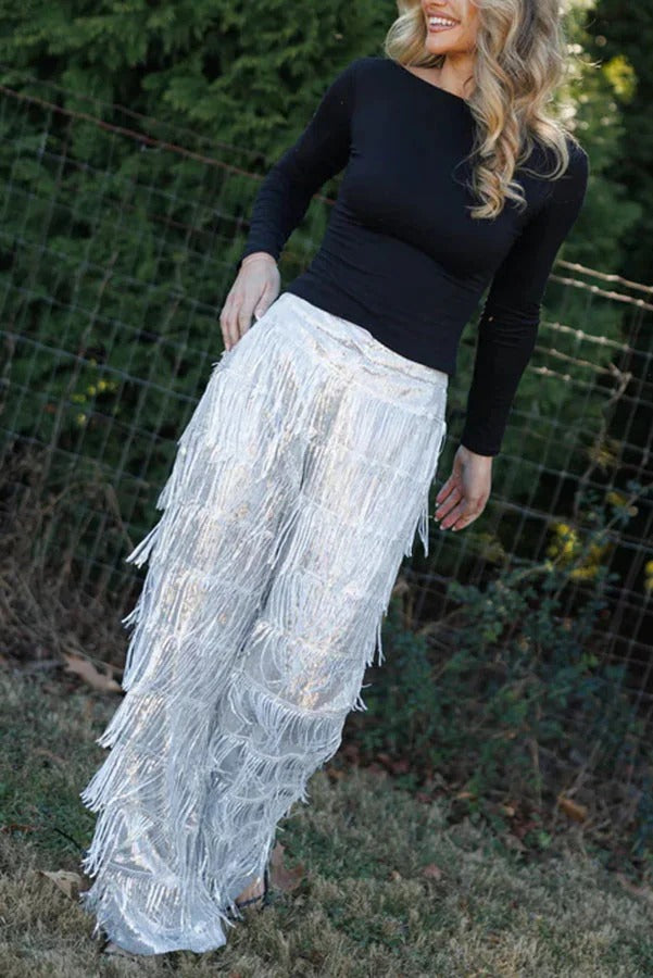 Music Festival Sequin Layered Tassels Mid Rise Pocket Loose Party Pants