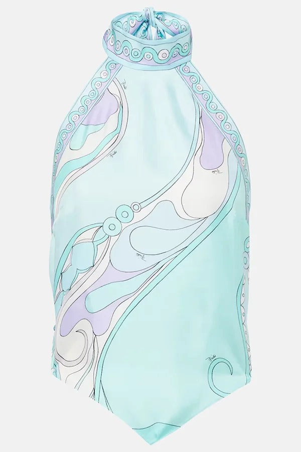 Satin Unique Print Halter Top and Irregular Midi Skirt Set