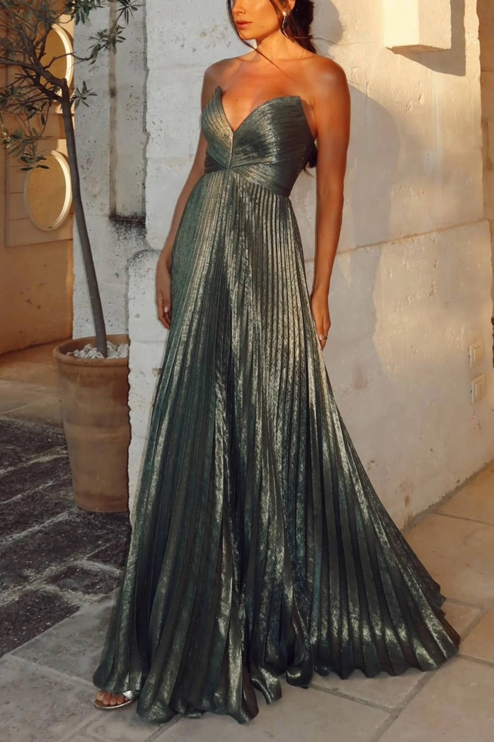 Strapless Sweetheart Pleated Metallic Maxi Evening Gown