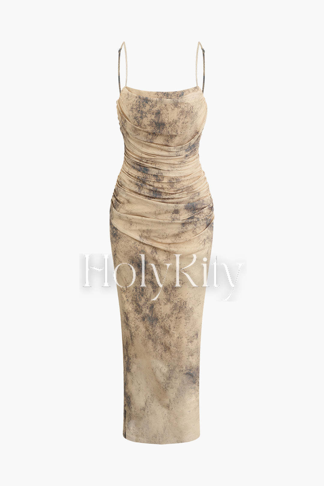 Abstract Print Ruched Mesh Cami Midi Dress