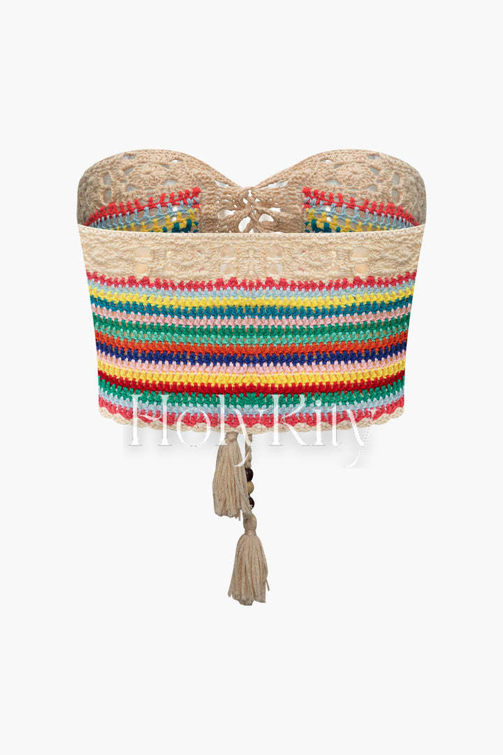 Set aus Tube-Top und Shorts mit Häkelmuster und Schnürung vorne in Regenbogenfarben