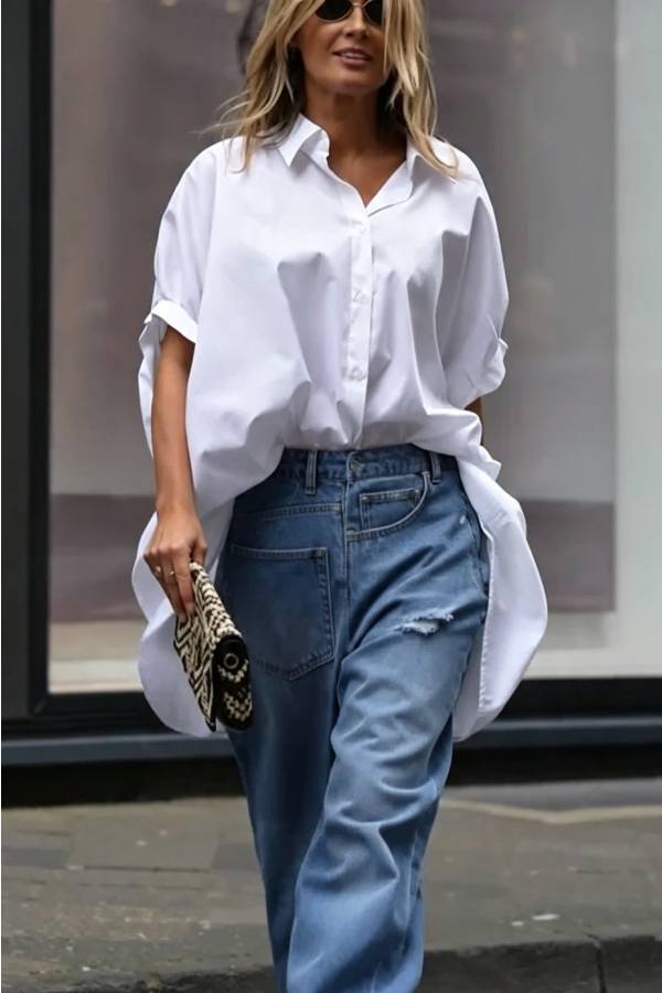 Street Style Denim Asymmetrical Pocket Design Mid Rise Distressed Wide Leg Jeans
