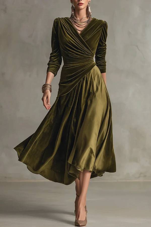 Olive Green Velvet Wrap Top& Satin Pleated Midi Skirt Two-Piece Set